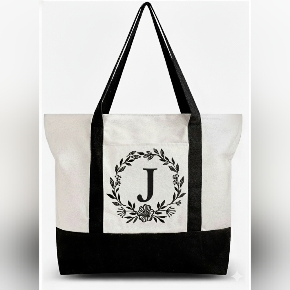 Monogrammed Embroidered Canvas Tote Bag Zipper Pocket Personalized Gift Letter J